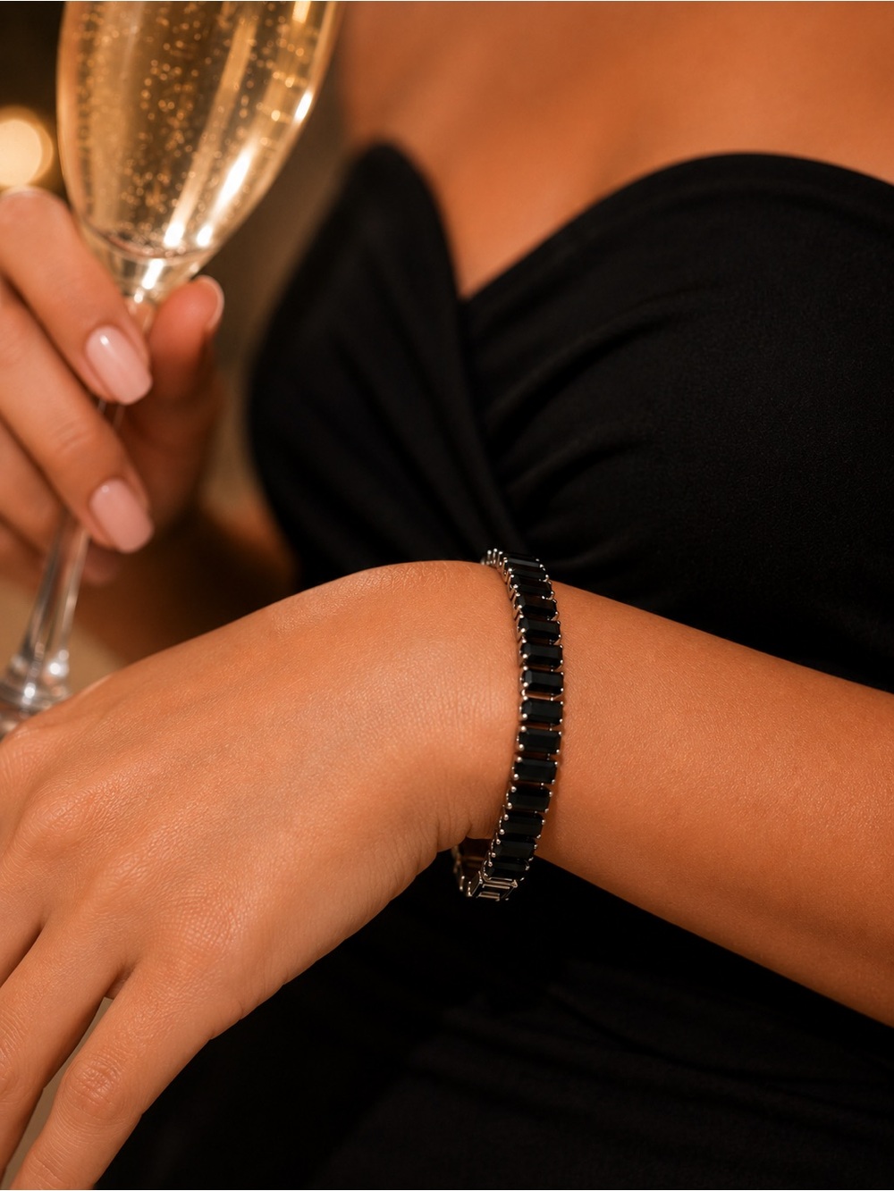 Rose Gold Filled Bracelet with Black Baguette Stones